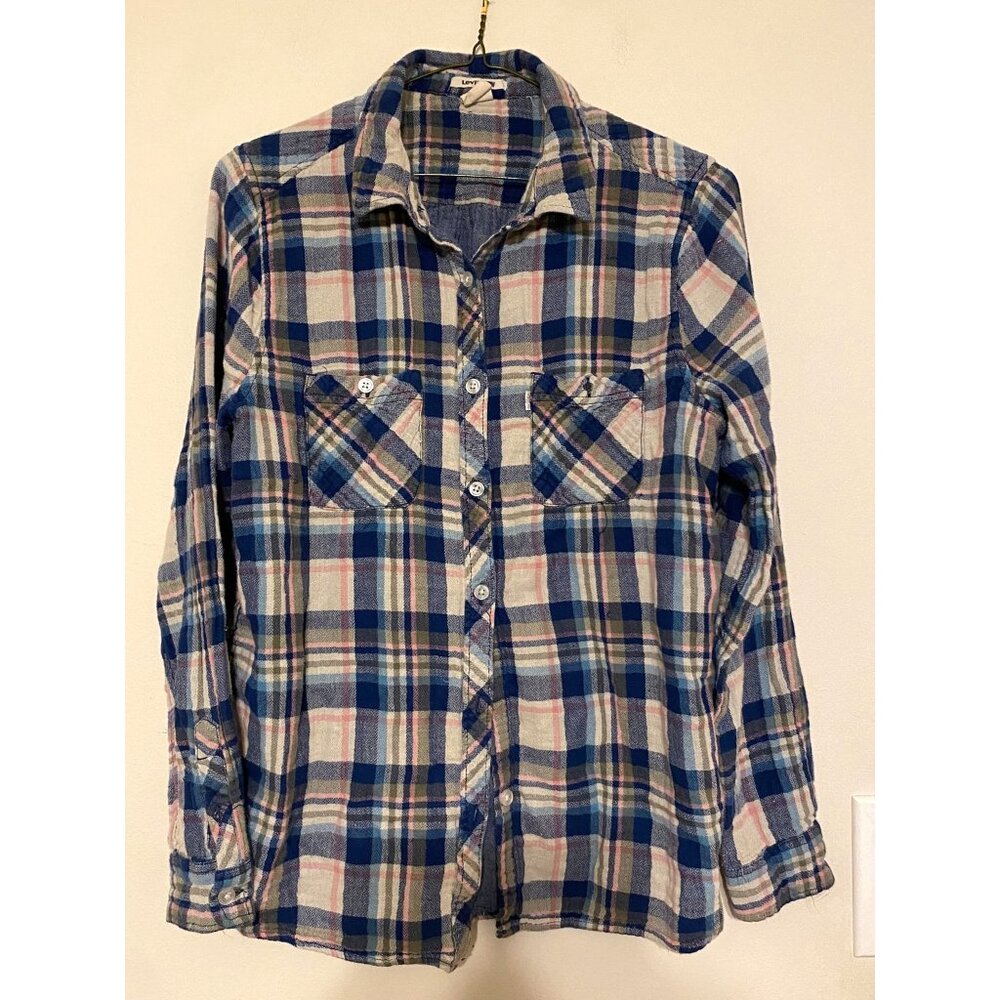 Women's Levi's Blue White‎ Pink Plaid Flannel Style Shirt Size Medium